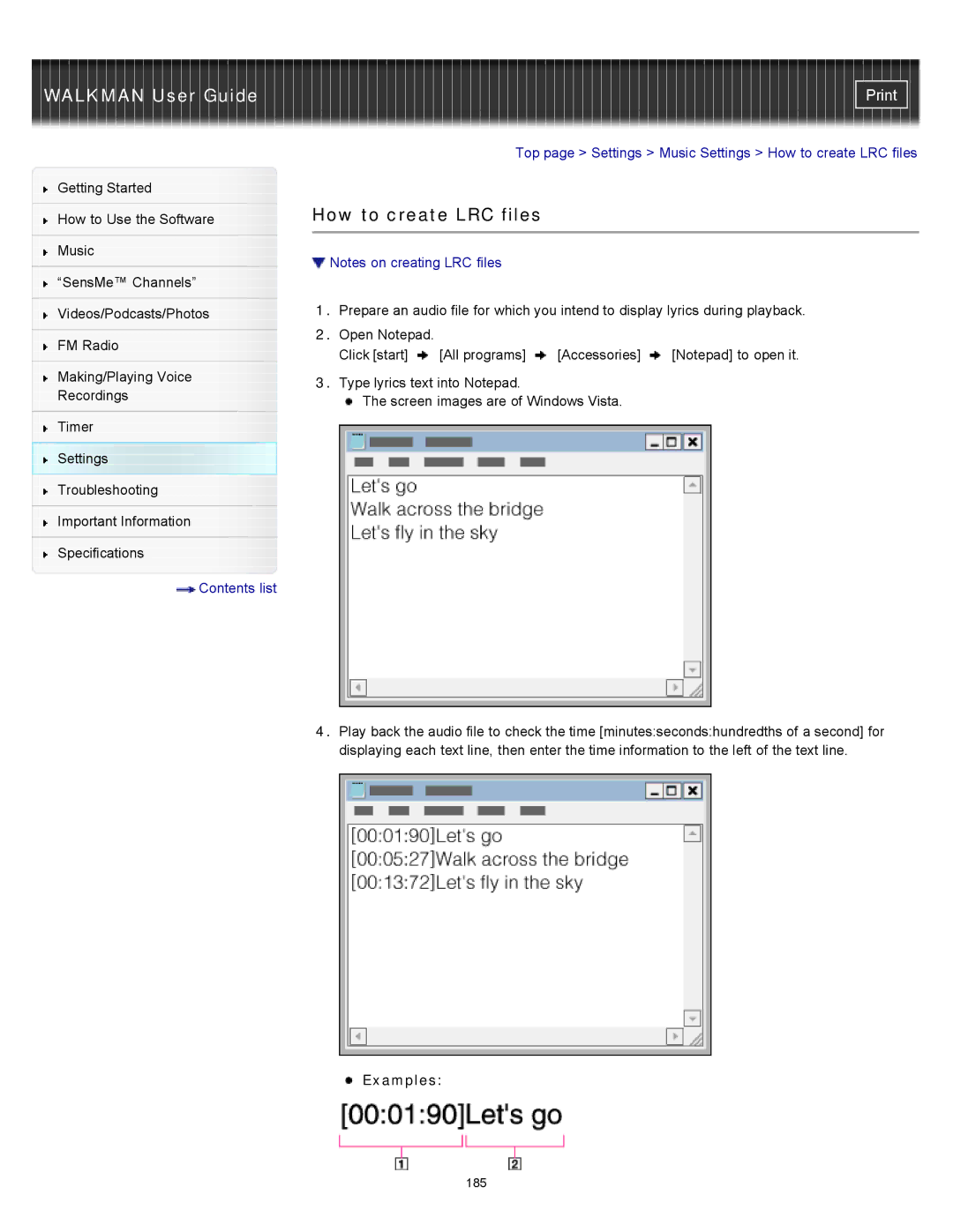 Sony NWZ-E454, NWZ-E455, NWZ-E453 specifications Top page Settings Music Settings How to create LRC files 