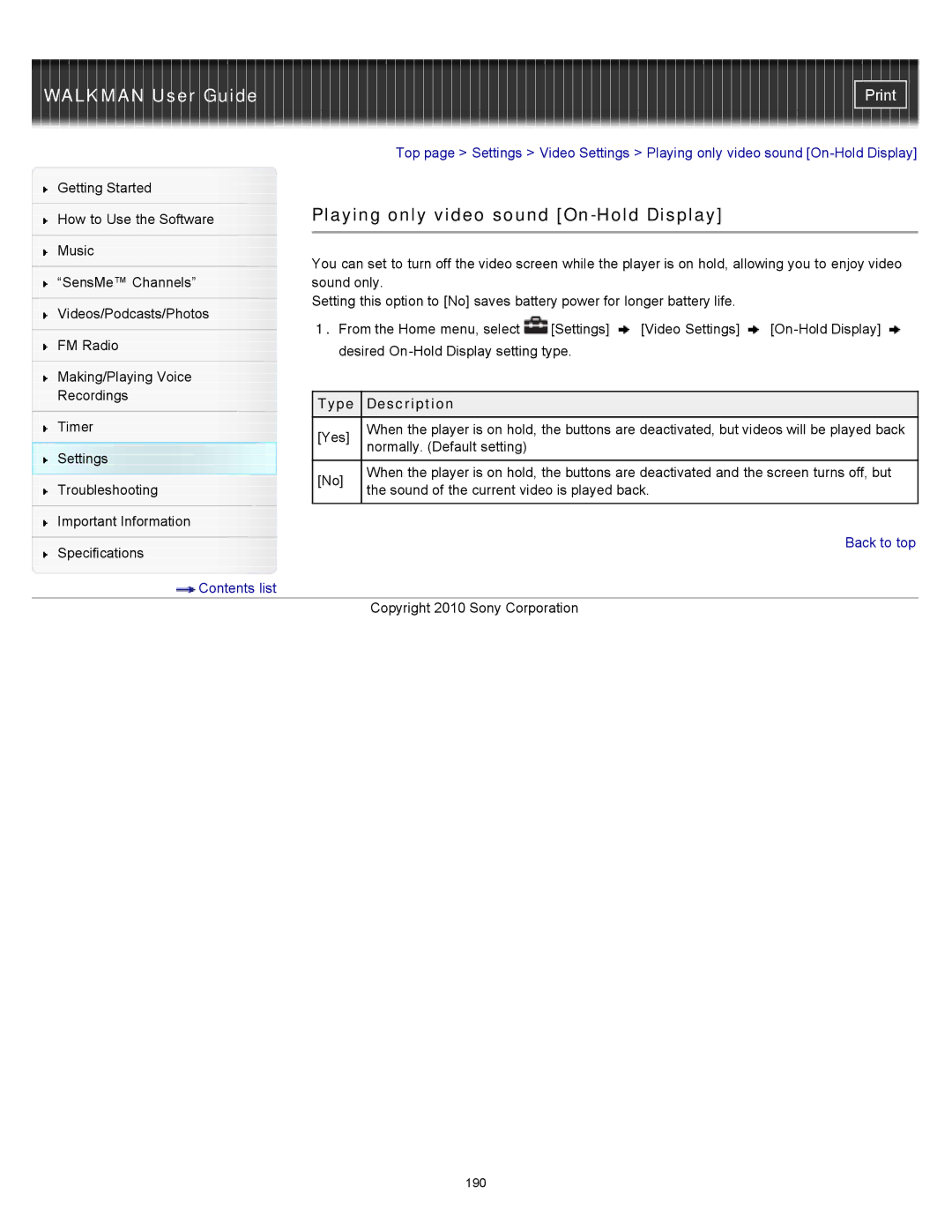 Sony NWZ-E453, NWZ-E455, NWZ-E454 specifications Specifications Contents list Copyright 2010 Sony Corporation 