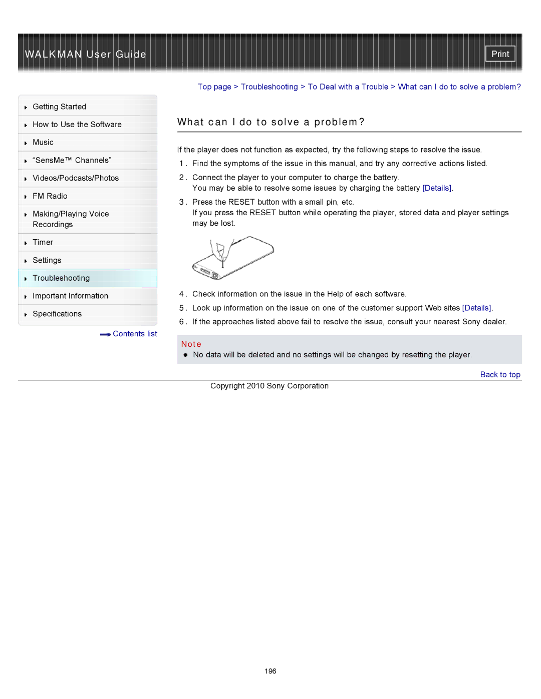 Sony NWZ-E453, NWZ-E455, NWZ-E454 specifications What can I do to solve a problem? 