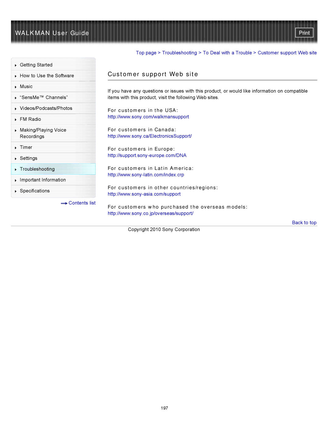 Sony NWZ-E454, NWZ-E455, NWZ-E453 specifications Customer support Web site 