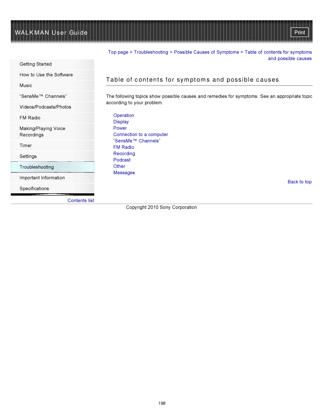 Sony NWZ-E455, NWZ-E453, NWZ-E454 specifications Table of contents for symptoms and possible causes 