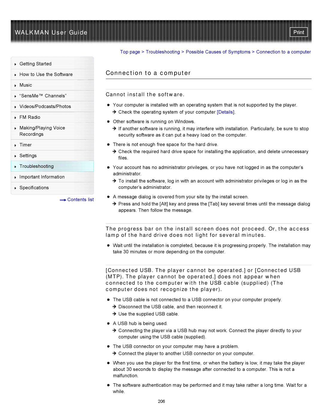 Sony NWZ-E454, NWZ-E455, NWZ-E453 specifications Connection to a computer, Cannot install the software 