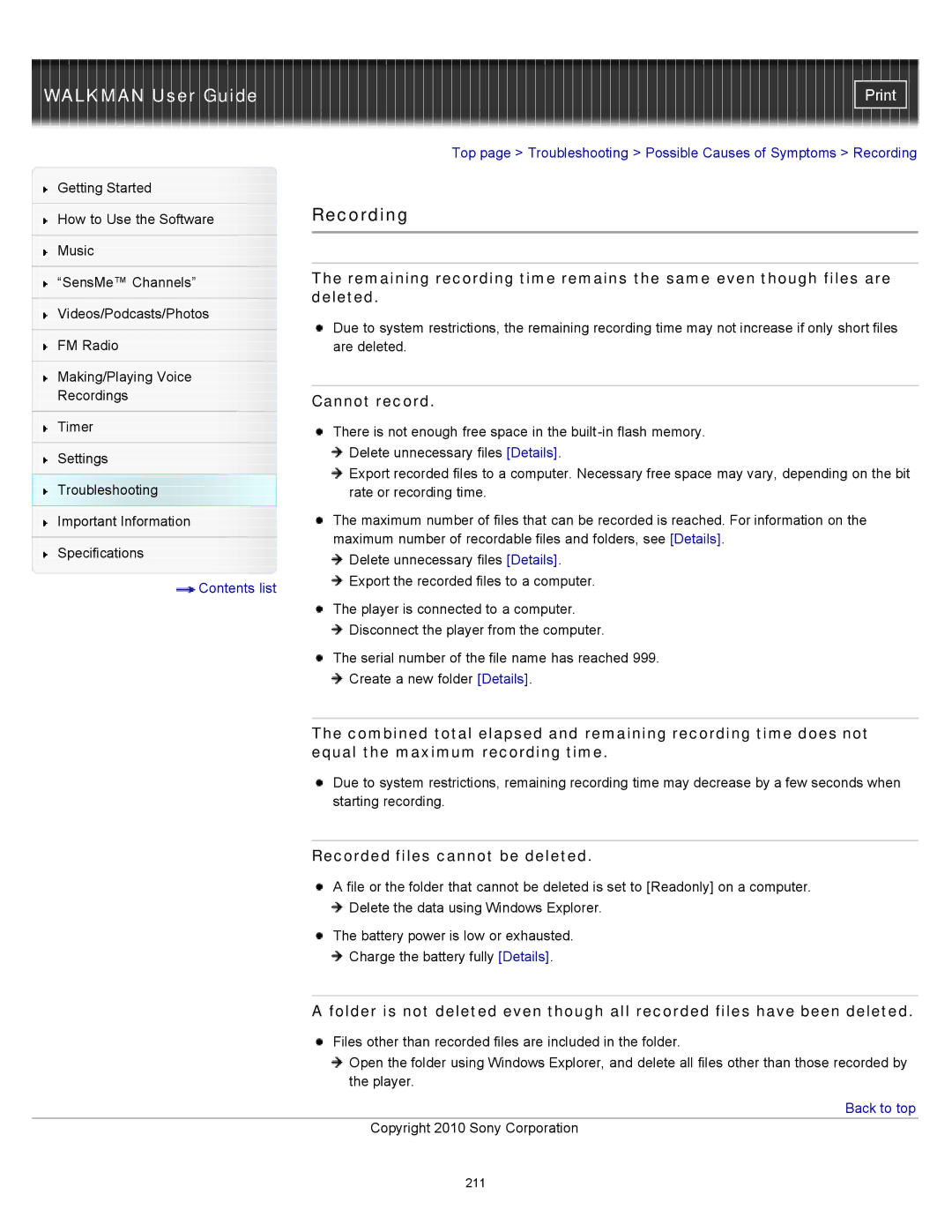 Sony NWZ-E453, NWZ-E455, NWZ-E454 specifications Recording, Cannot record, Recorded files cannot be deleted 