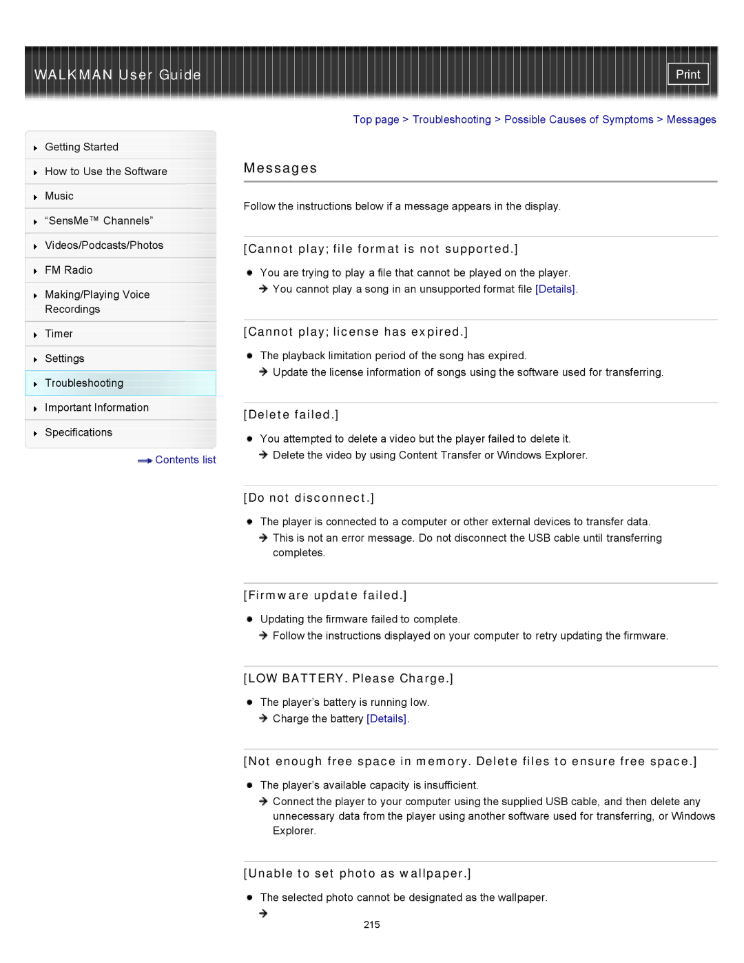 Sony NWZ-E454, NWZ-E455, NWZ-E453 specifications Messages 