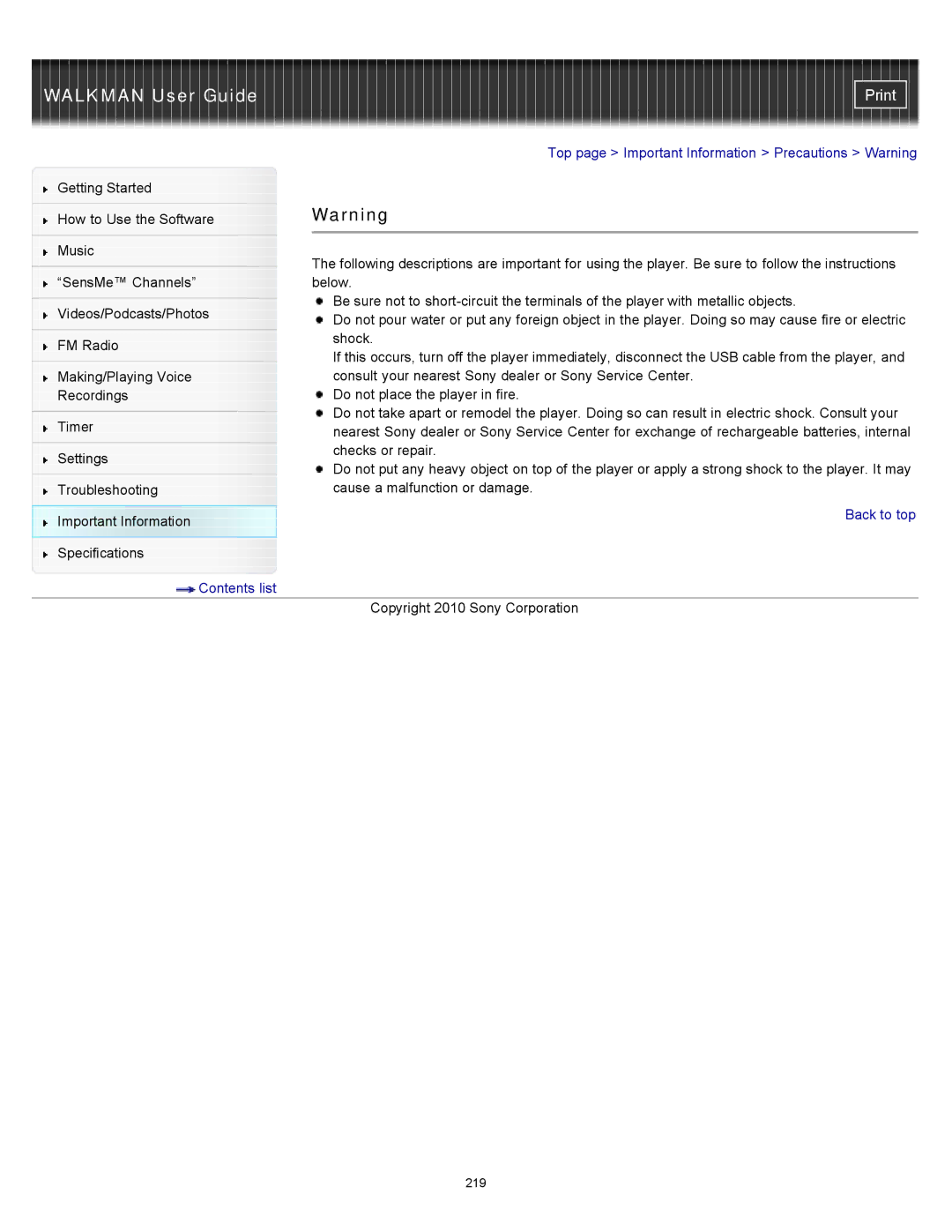 Sony NWZ-E455, NWZ-E453, NWZ-E454 specifications Top page Important Information Precautions Warning 