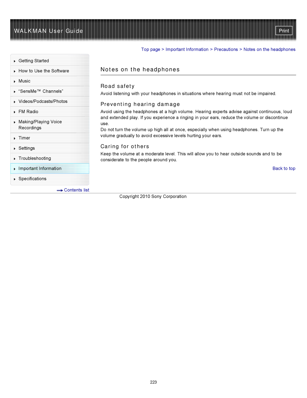 Sony NWZ-E453, NWZ-E455, NWZ-E454 specifications Road safety, Preventing hearing damage, Caring for others 