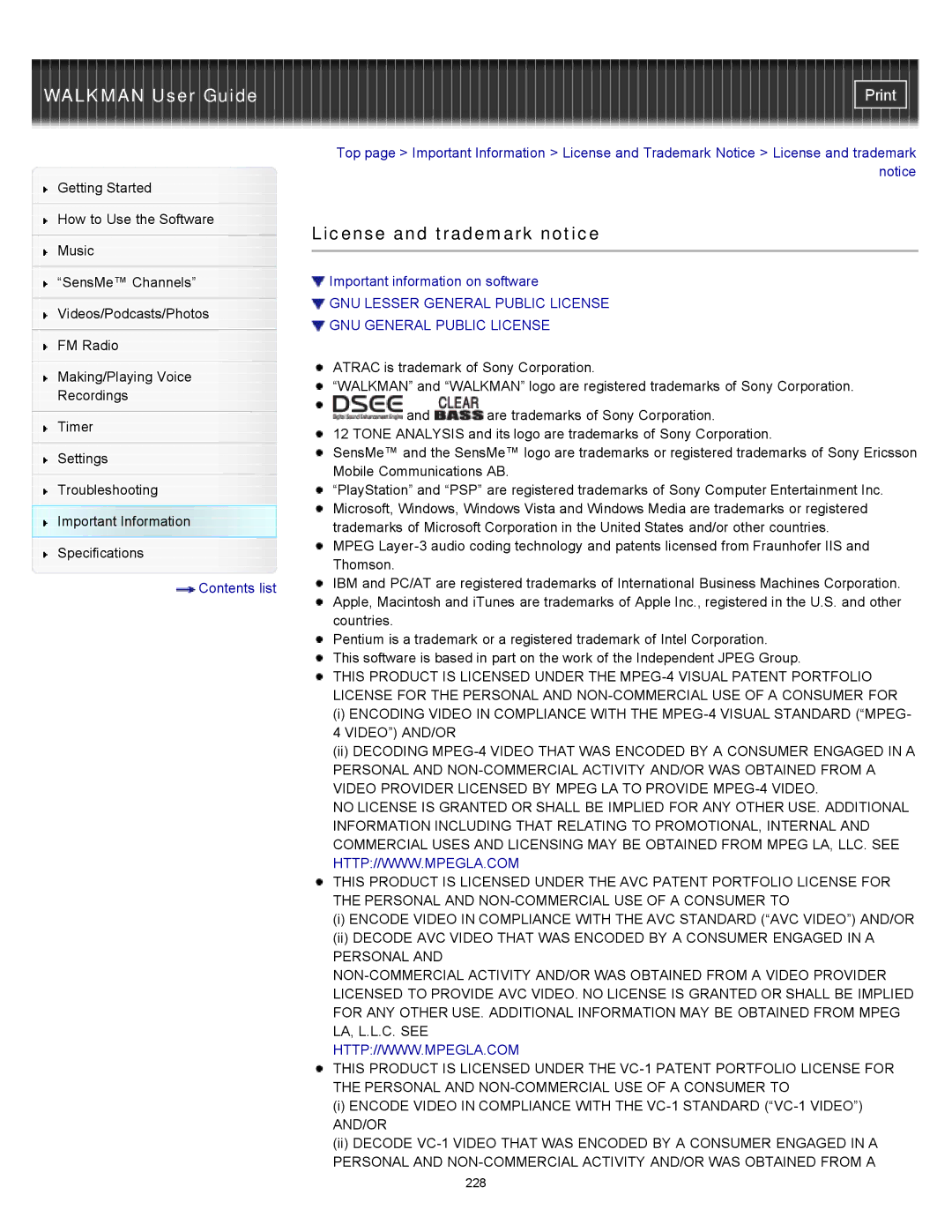 Sony NWZ-E455, NWZ-E453, NWZ-E454 specifications License and trademark notice 