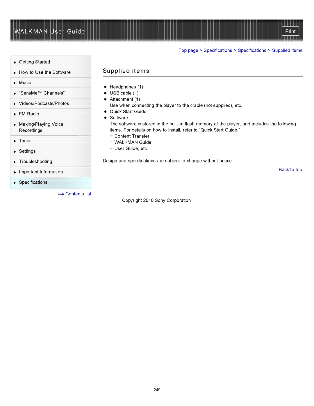 Sony NWZ-E455, NWZ-E453, NWZ-E454 specifications Supplied items 