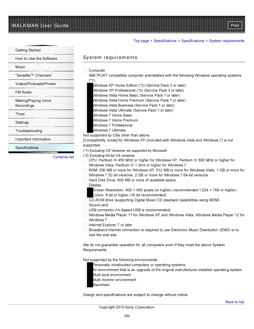 Sony NWZ-E453, NWZ-E455, NWZ-E454 specifications System requirements 