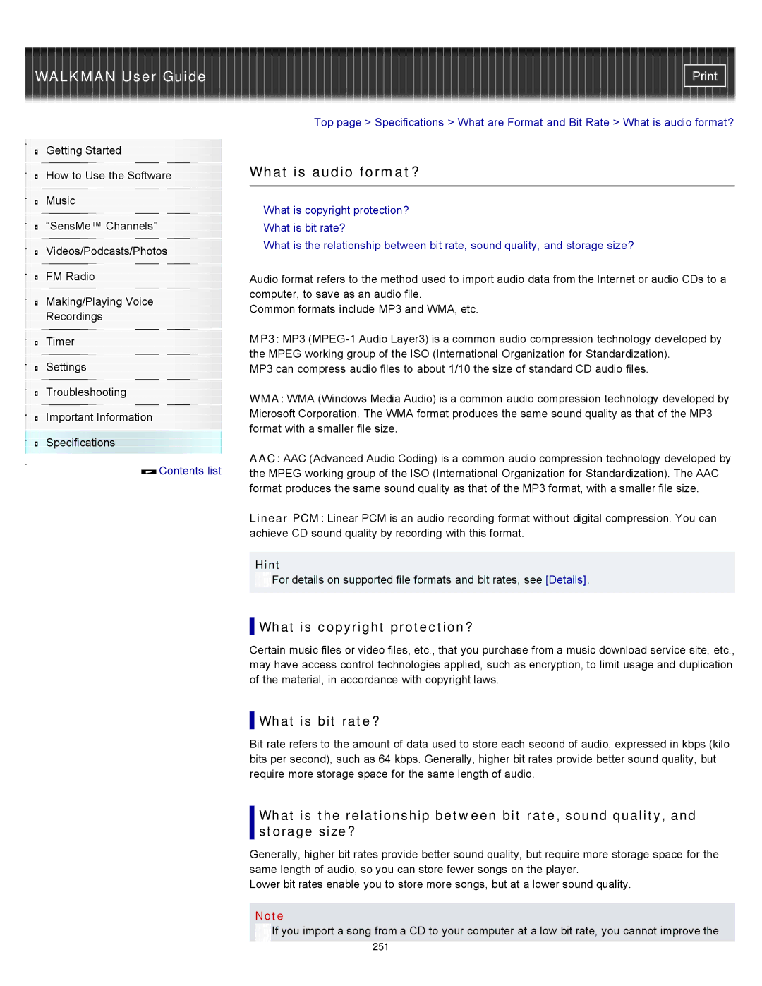 Sony NWZ-E454, NWZ-E455, NWZ-E453 specifications What is audio format?, What is copyright protection?, What is bit rate? 