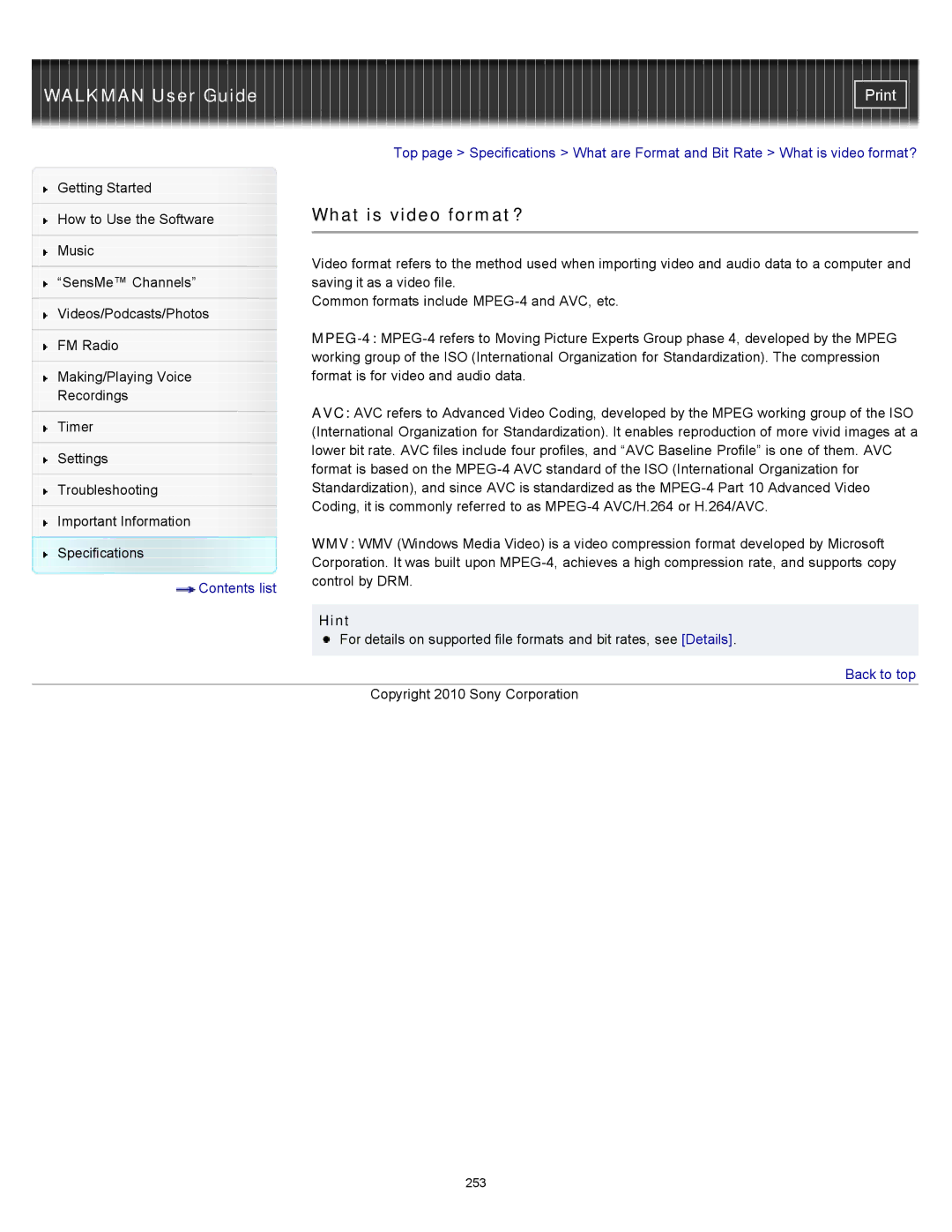 Sony NWZ-E453, NWZ-E455, NWZ-E454 specifications What is video format? 