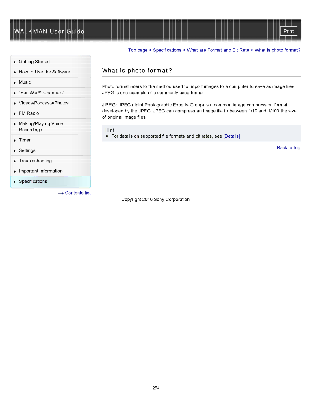 Sony NWZ-E454, NWZ-E455, NWZ-E453 specifications What is photo format? 