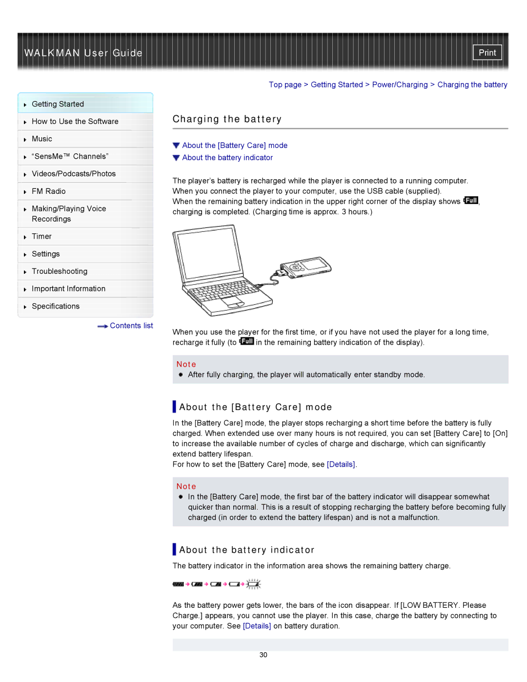 Sony NWZ-E455, NWZ-E453, NWZ-E454 Charging the battery, About the Battery Care mode, About the battery indicator 