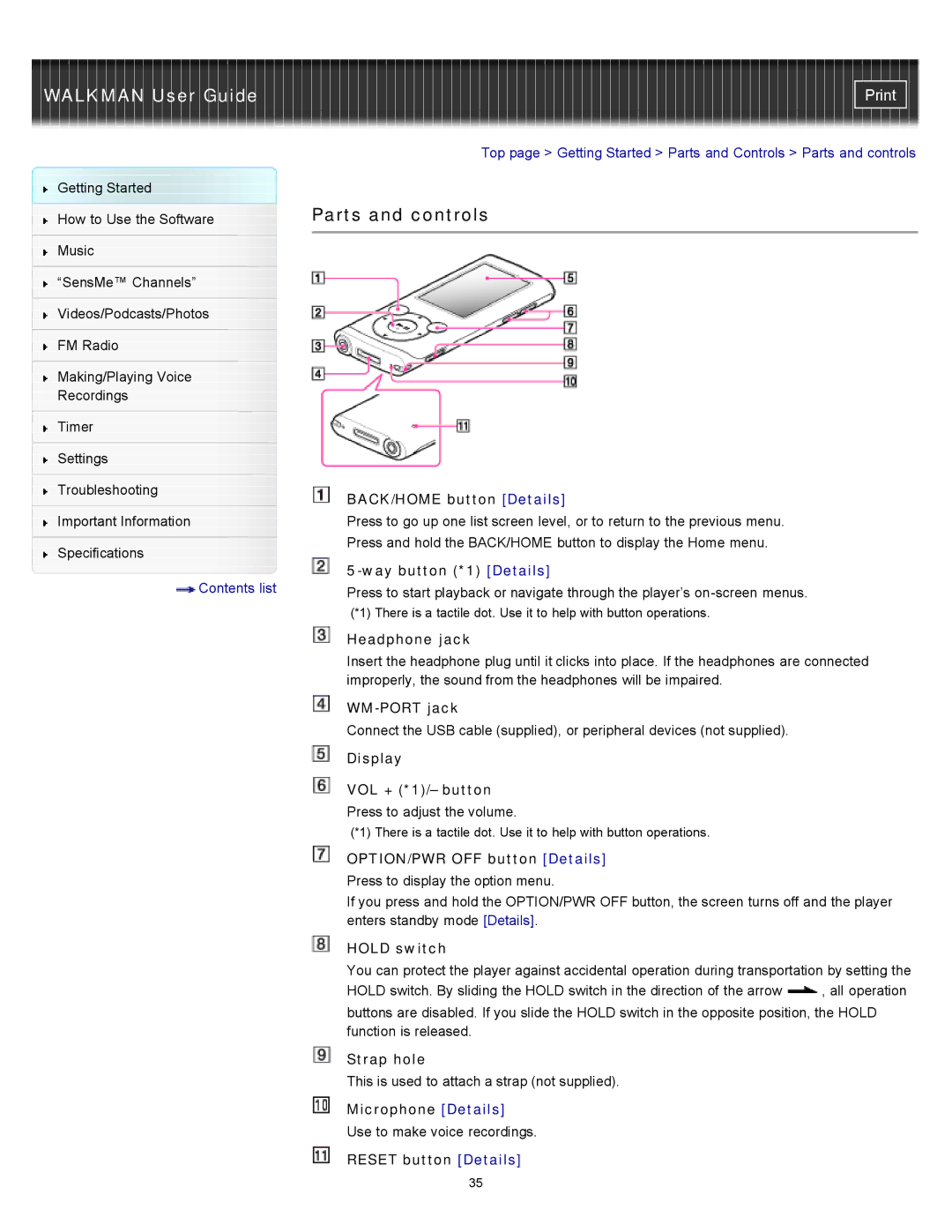 Sony NWZ-E454, NWZ-E455, NWZ-E453 specifications Parts and controls 