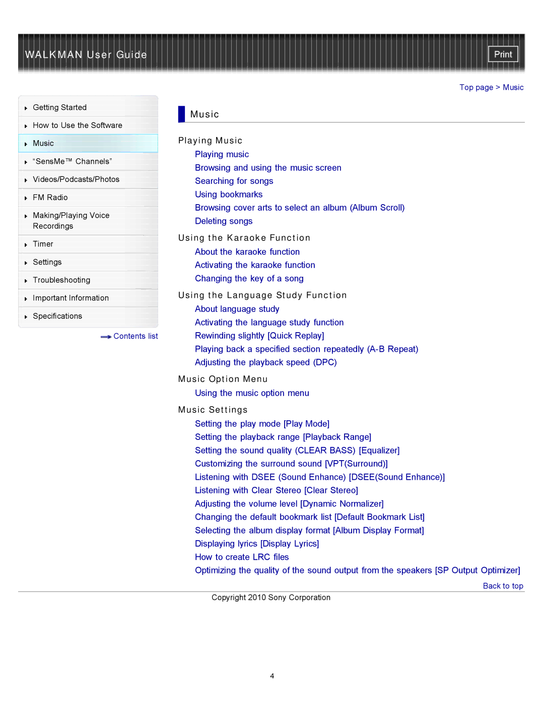 Sony NWZ-E453, NWZ-E455, NWZ-E454 specifications Music 