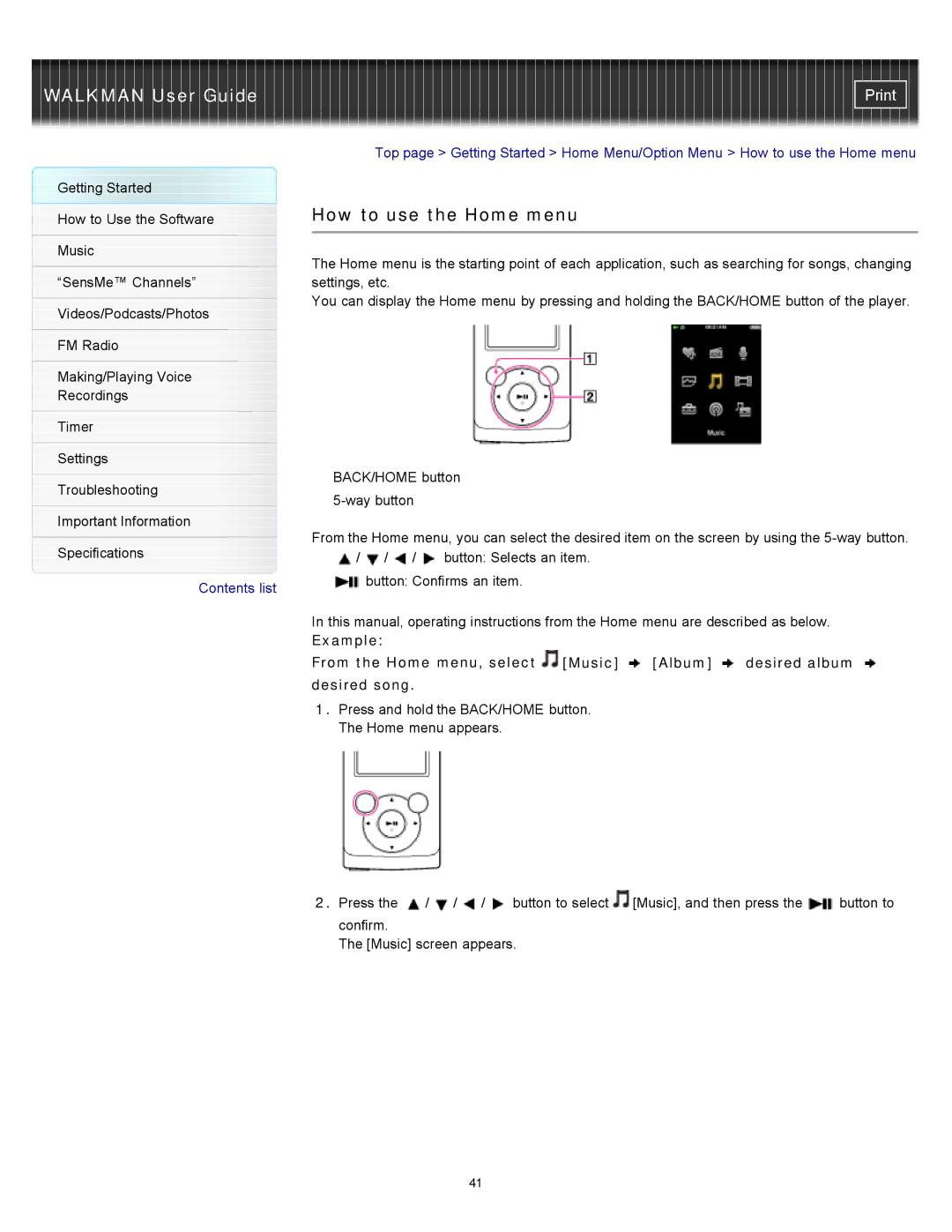 Sony NWZ-E454, NWZ-E455, NWZ-E453 specifications How to use the Home menu 