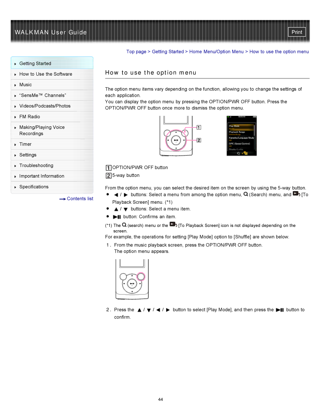 Sony NWZ-E454, NWZ-E455, NWZ-E453 specifications How to use the option menu 