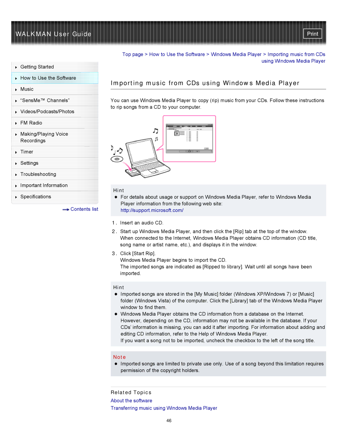 Sony NWZ-E453, NWZ-E455, NWZ-E454 specifications Importing music from CDs using Windows Media Player, Hint 