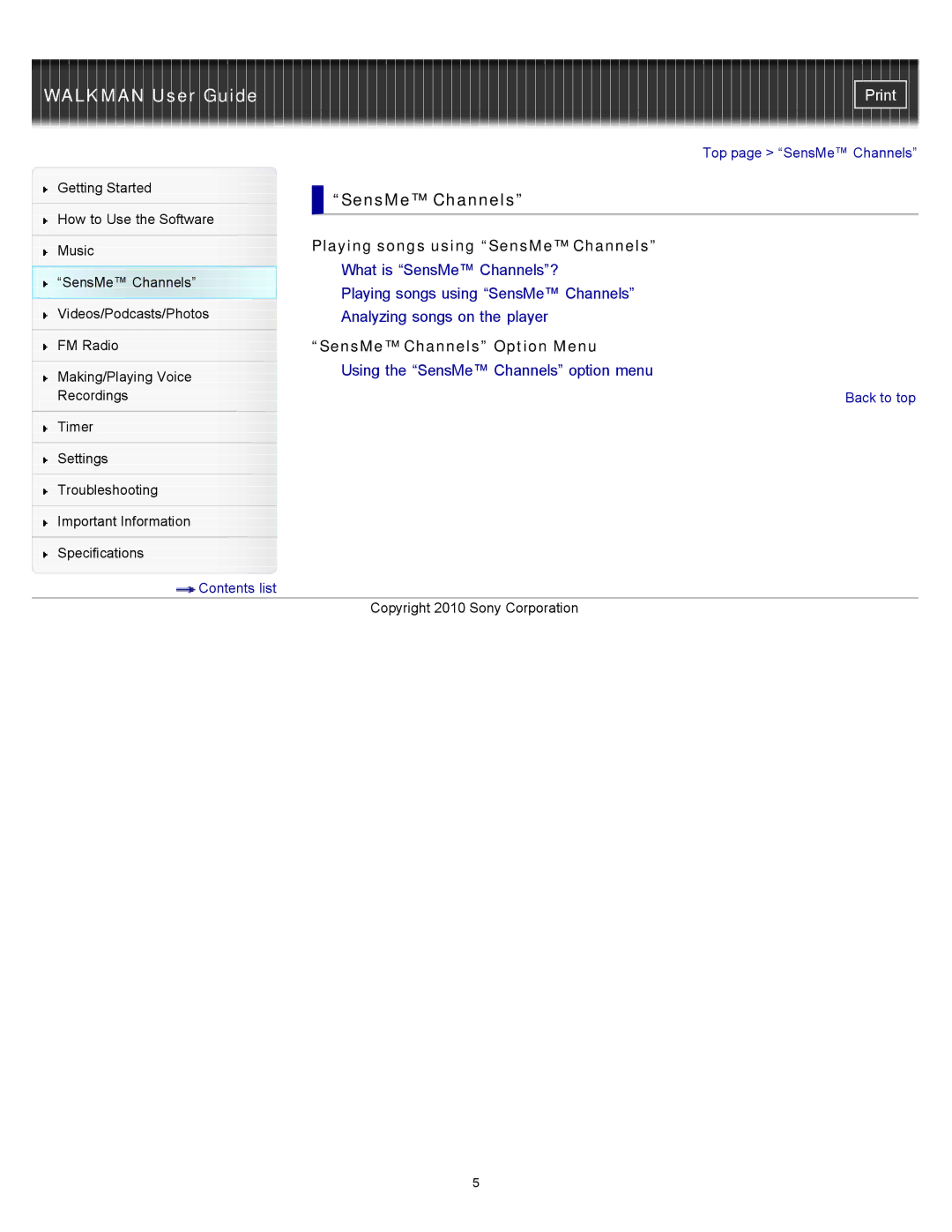 Sony NWZ-E454, NWZ-E455, NWZ-E453 specifications Playing songs using SensMe Channels, SensMe Channels Option Menu 