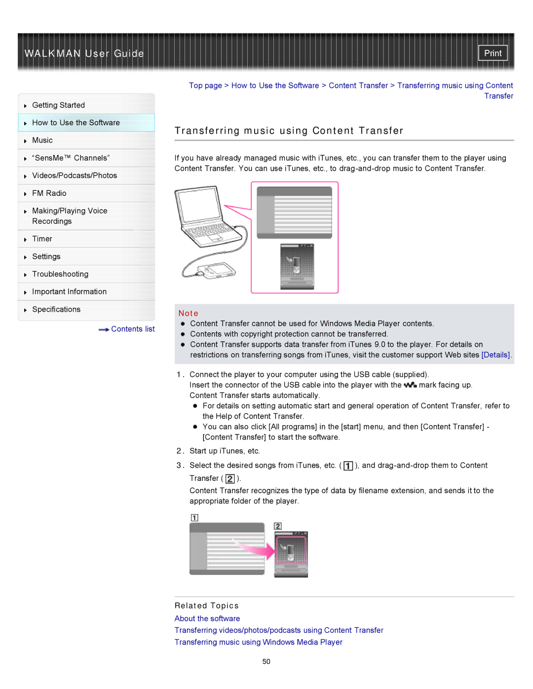 Sony NWZ-E454, NWZ-E455, NWZ-E453 specifications Transferring music using Content Transfer 