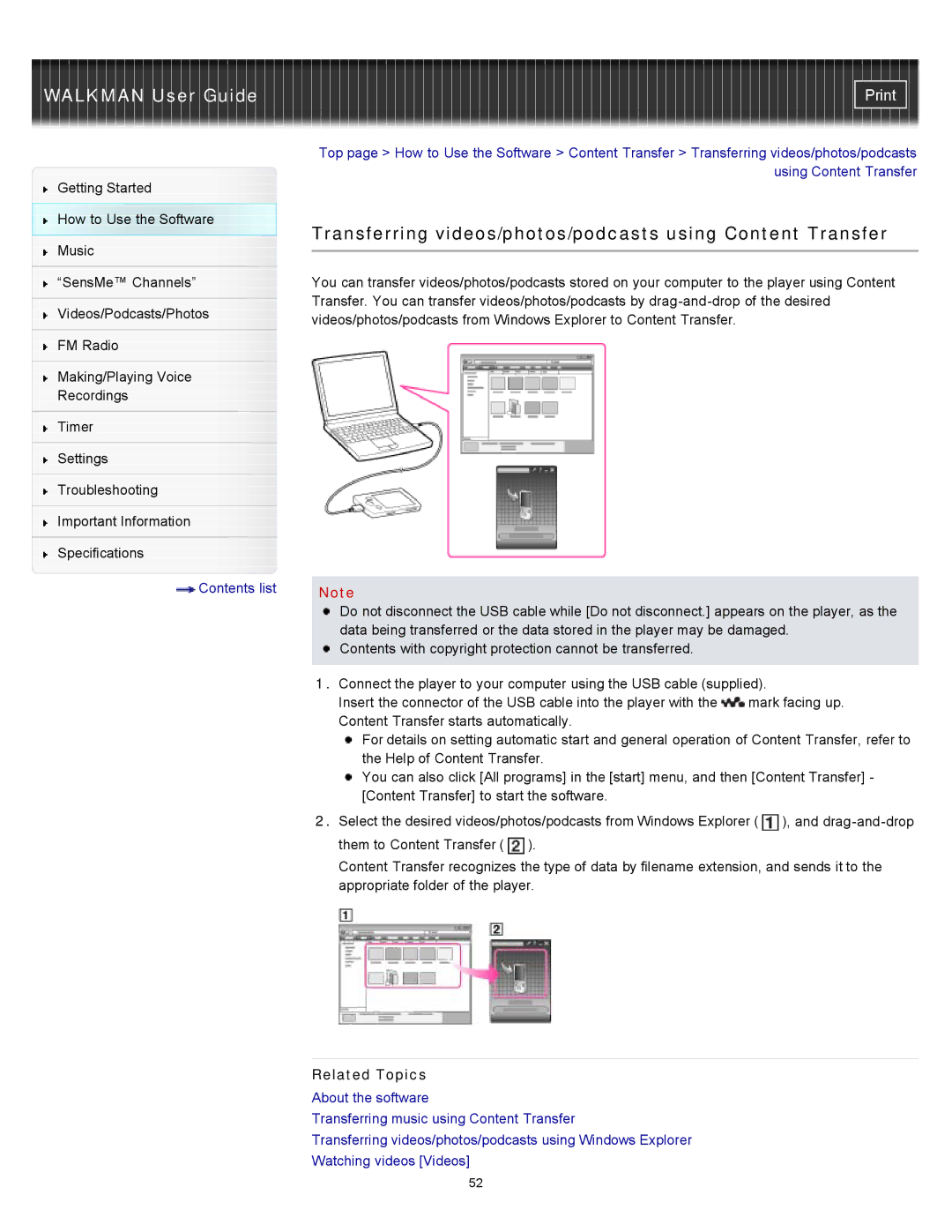 Sony NWZ-E453, NWZ-E455, NWZ-E454 specifications Transferring videos/photos/podcasts using Content Transfer 