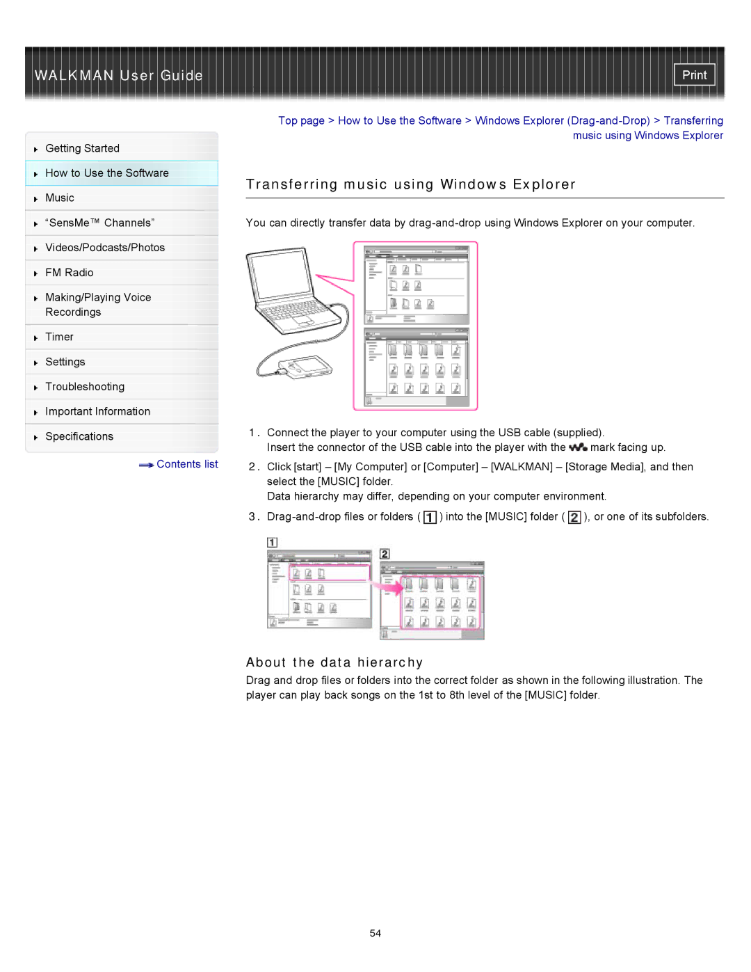 Sony NWZ-E455, NWZ-E453, NWZ-E454 specifications Transferring music using Windows Explorer, About the data hierarchy 