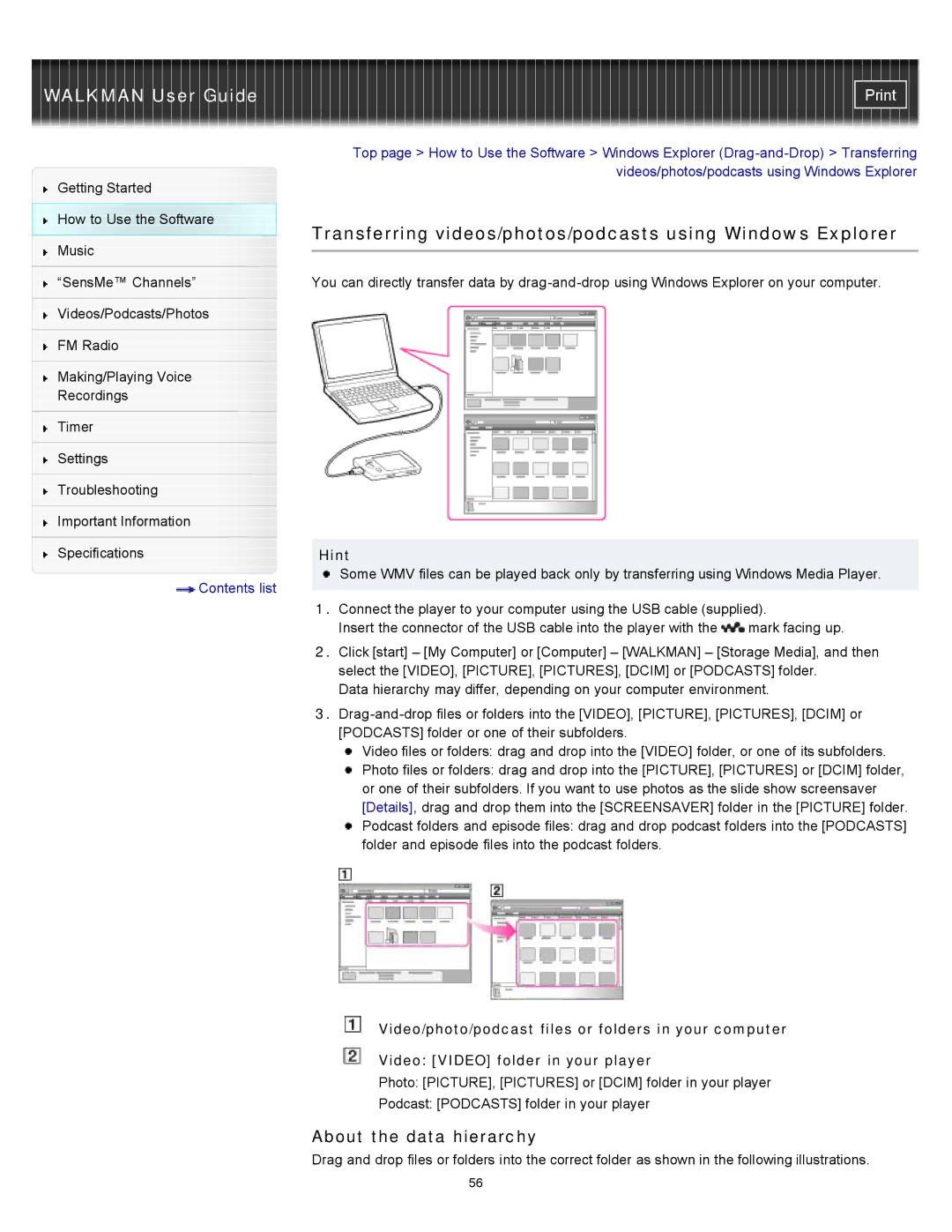 Sony NWZ-E454, NWZ-E455, NWZ-E453 specifications Transferring videos/photos/podcasts using Windows Explorer, Hint 