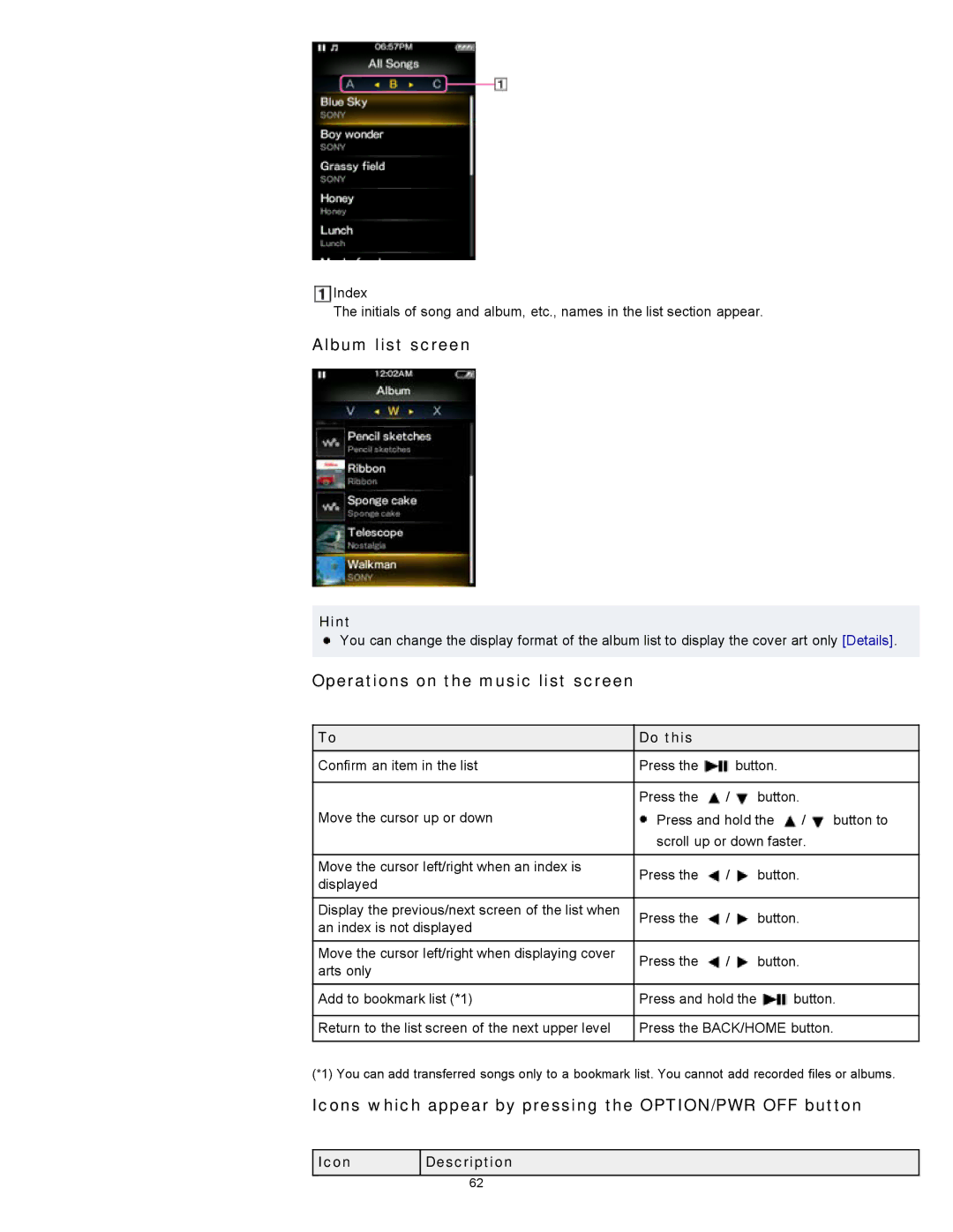 Sony NWZ-E454, NWZ-E455, NWZ-E453 specifications Album list screen, Operations on the music list screen 