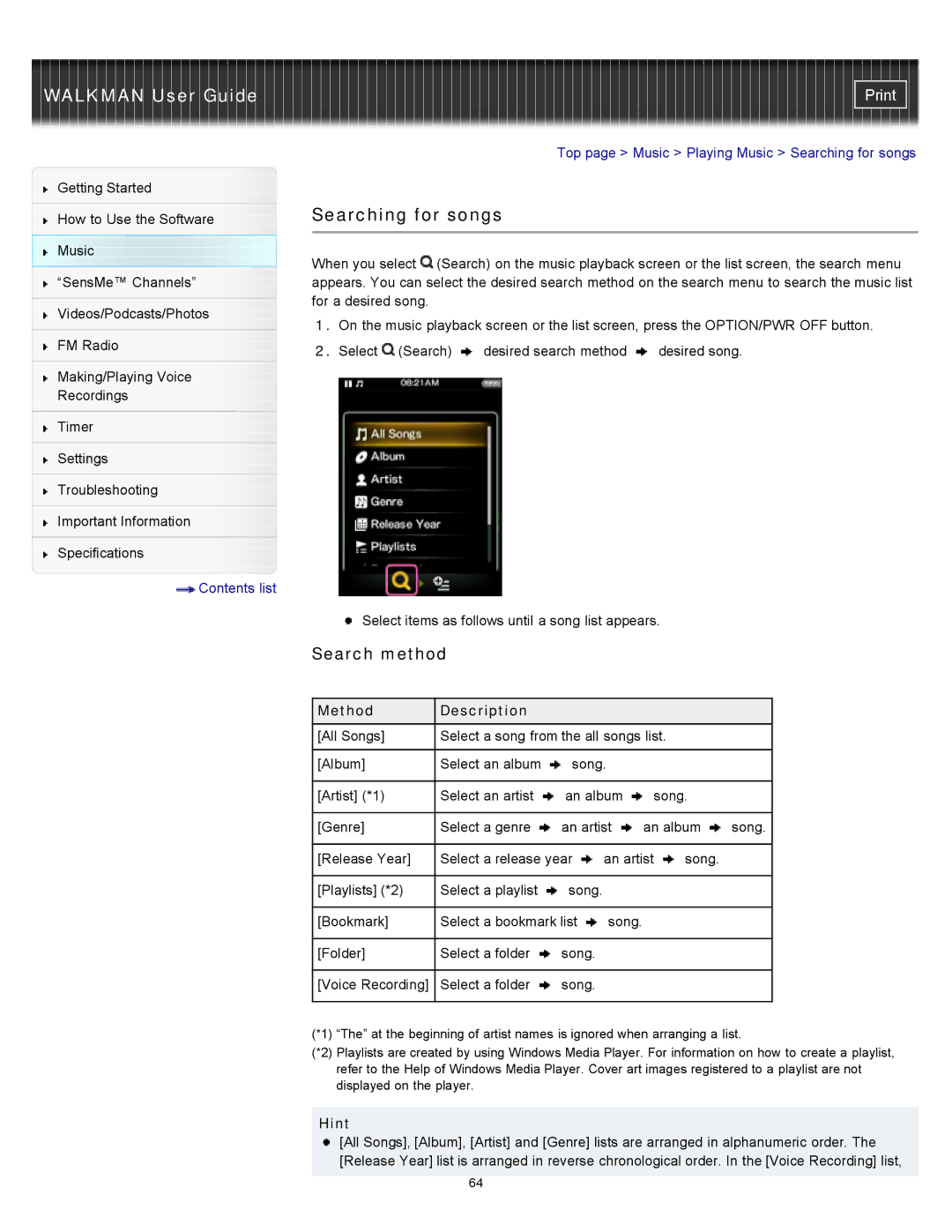 Sony NWZ-E453, NWZ-E455, NWZ-E454 specifications Searching for songs, Search method, Method Description 