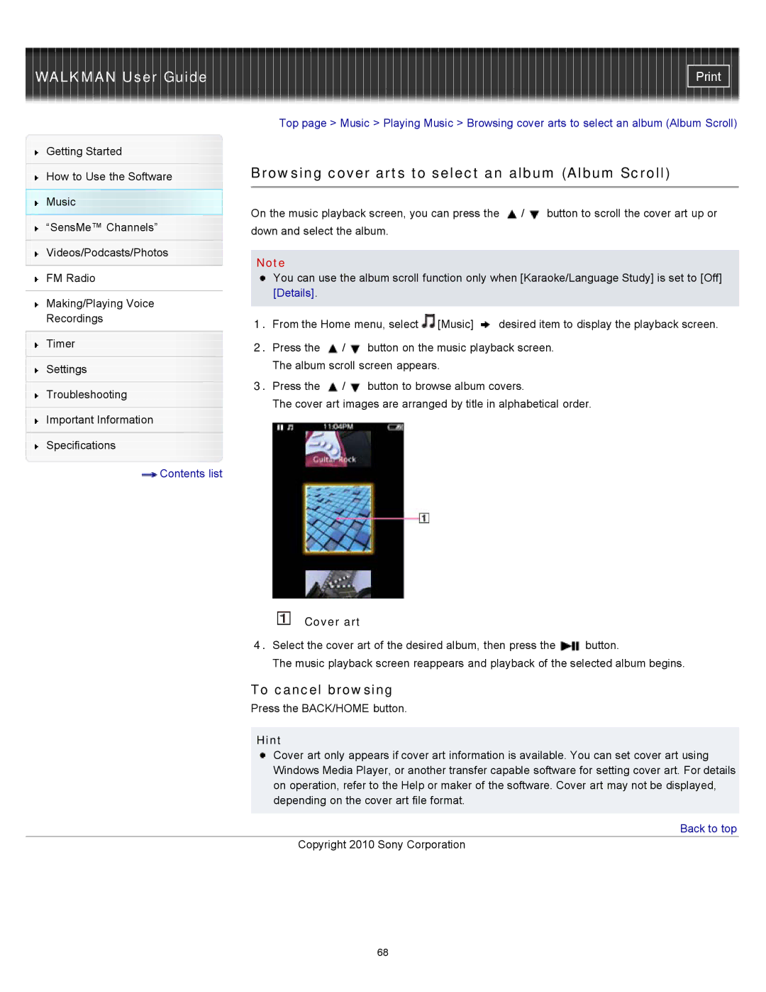 Sony NWZ-E454, NWZ-E455, NWZ-E453 Browsing cover arts to select an album Album Scroll, To cancel browsing, Cover art 