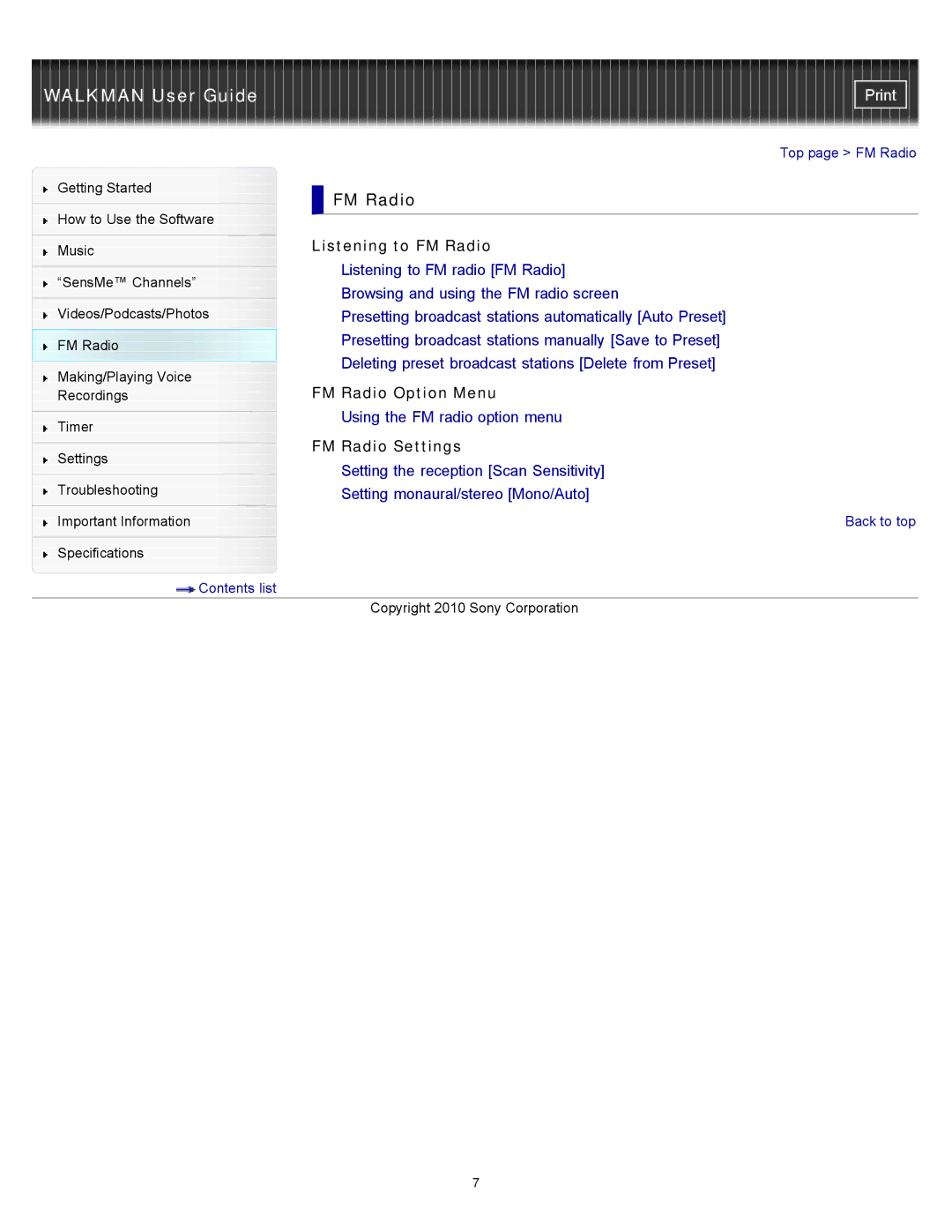 Sony NWZ-E453, NWZ-E455, NWZ-E454 specifications Listening to FM Radio, FM Radio Option Menu, FM Radio Settings 