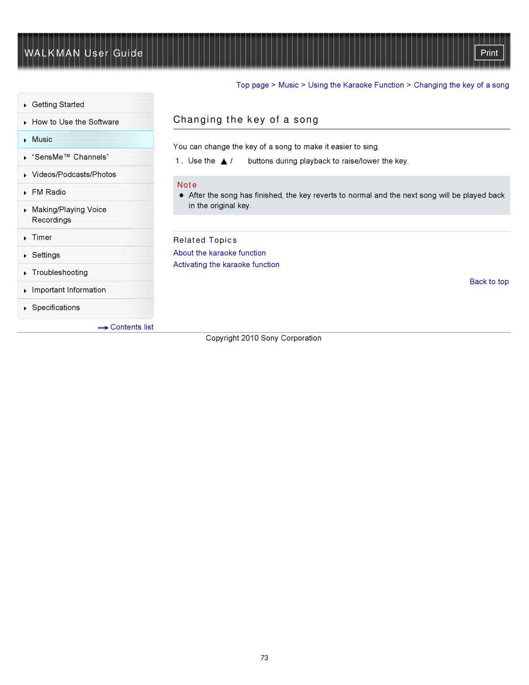 Sony NWZ-E453, NWZ-E455, NWZ-E454 specifications Changing the key of a song 