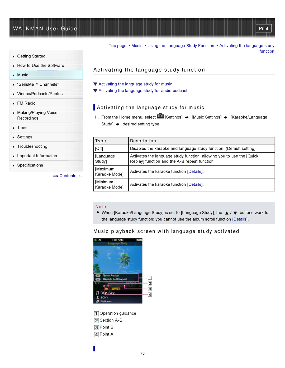 Sony NWZ-E455, NWZ-E453, NWZ-E454 Activating the language study function, Activating the language study for music 