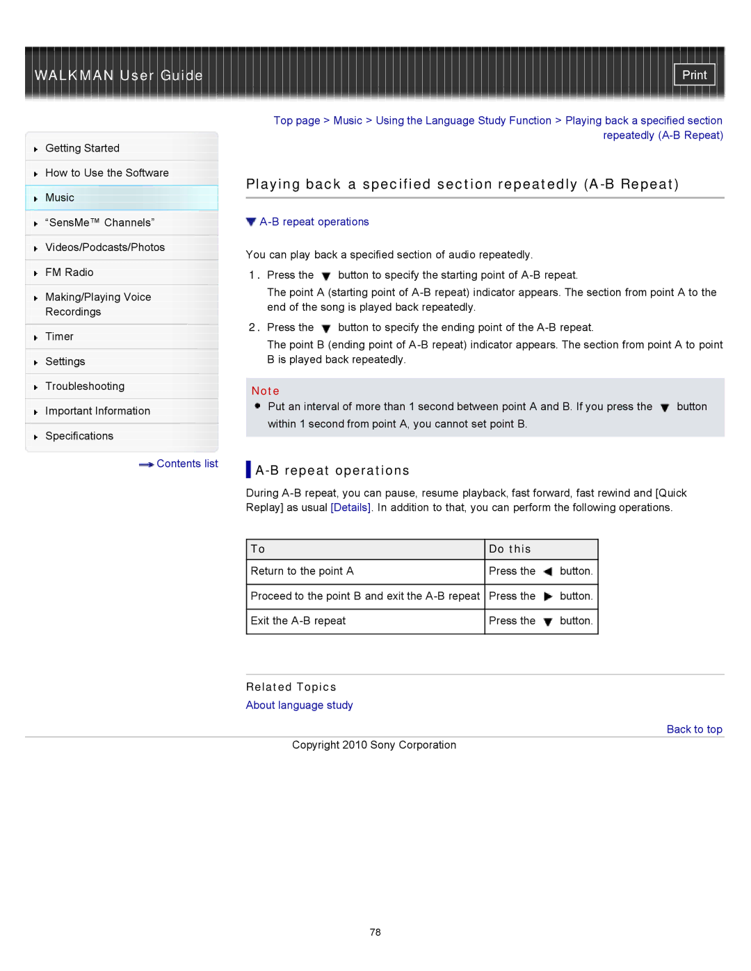 Sony NWZ-E455, NWZ-E453, NWZ-E454 specifications Playing back a specified section repeatedly A-B Repeat, Repeat operations 