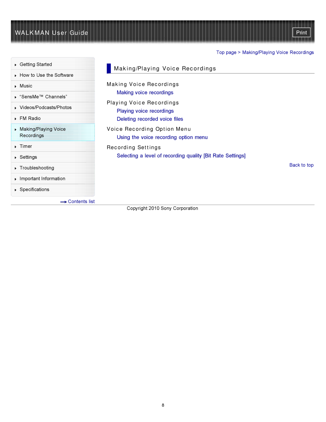 Sony NWZ-E454 Making/Playing Voice Recordings, Making Voice Recordings, Voice Recording Option Menu, Recording Settings 