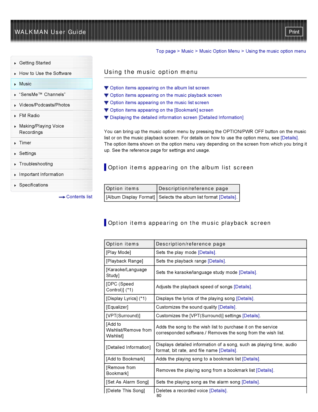 Sony NWZ-E454, NWZ-E455, NWZ-E453 specifications Using the music option menu, Option items appearing on the album list screen 