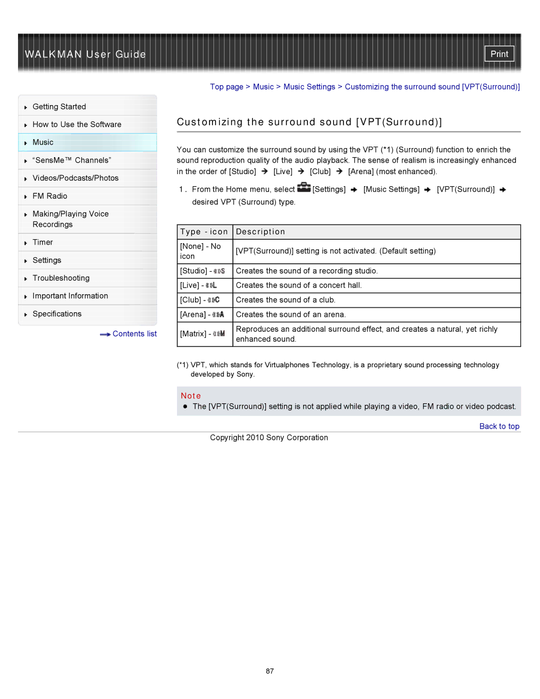 Sony NWZ-E455, NWZ-E453, NWZ-E454 specifications Customizing the surround sound VPTSurround, Type icon Description 