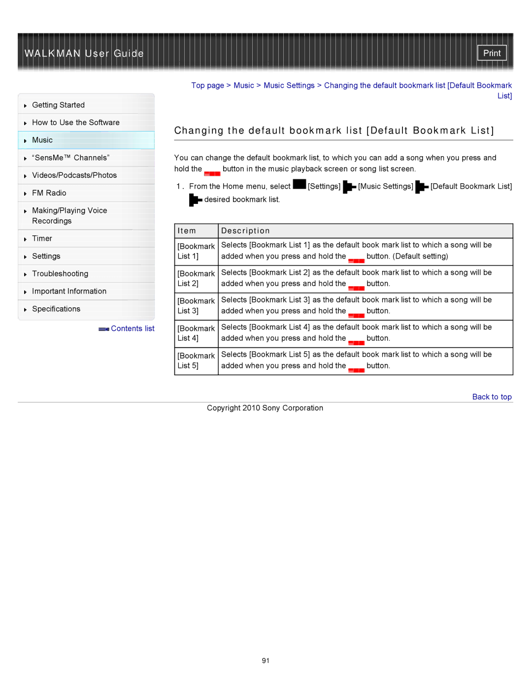 Sony NWZ-E453, NWZ-E455, NWZ-E454 specifications Changing the default bookmark list Default Bookmark List 