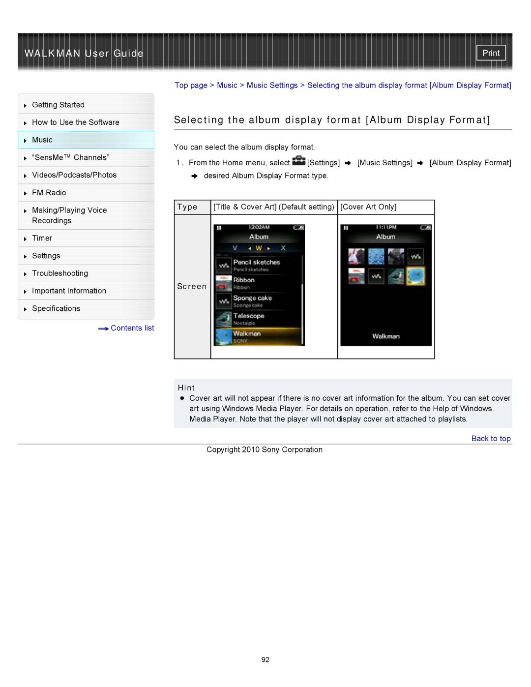 Sony NWZ-E454, NWZ-E455, NWZ-E453 specifications Selecting the album display format Album Display Format, Type, Screen Hint 