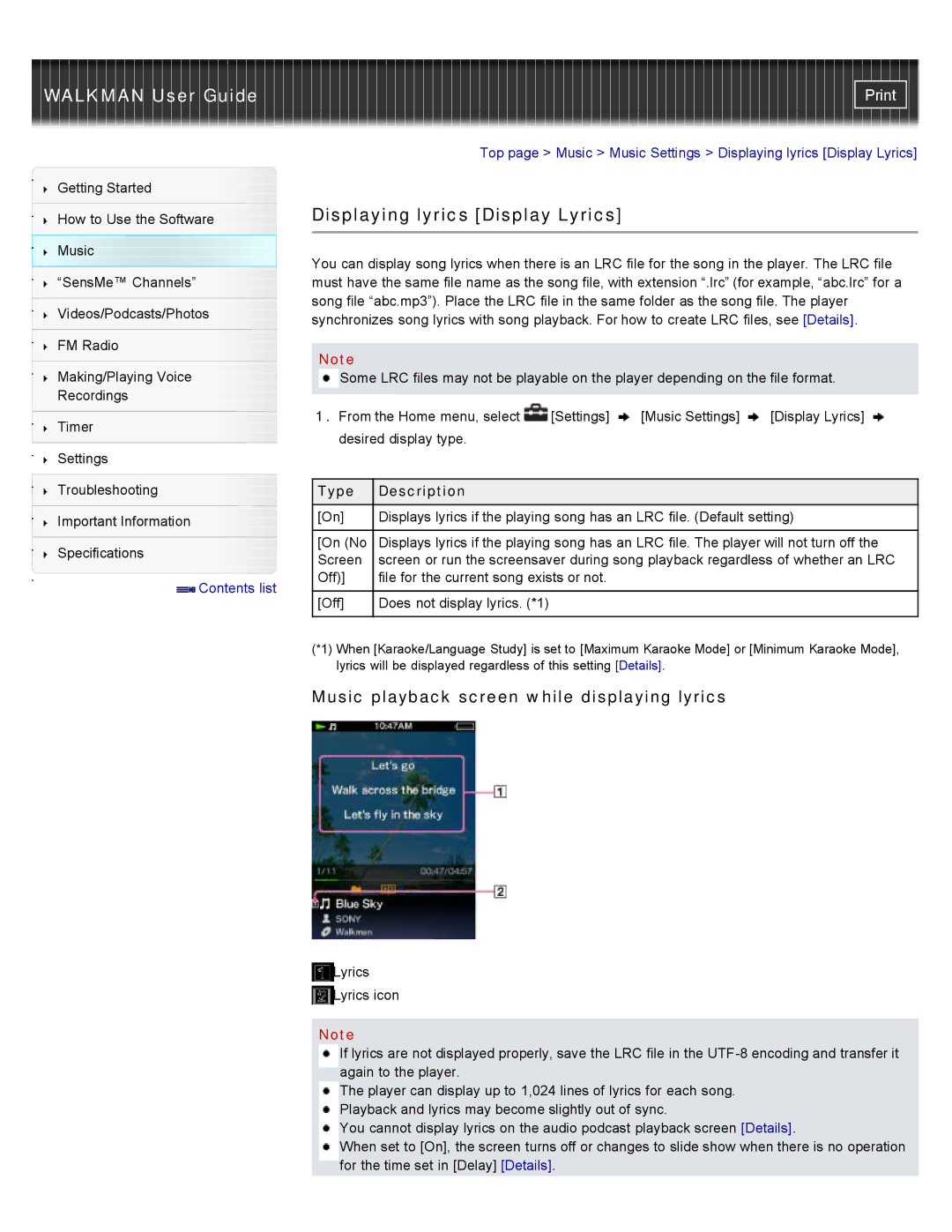 Sony NWZ-E455, NWZ-E453, NWZ-E454 Displaying lyrics Display Lyrics, Music playback screen while displaying lyrics 