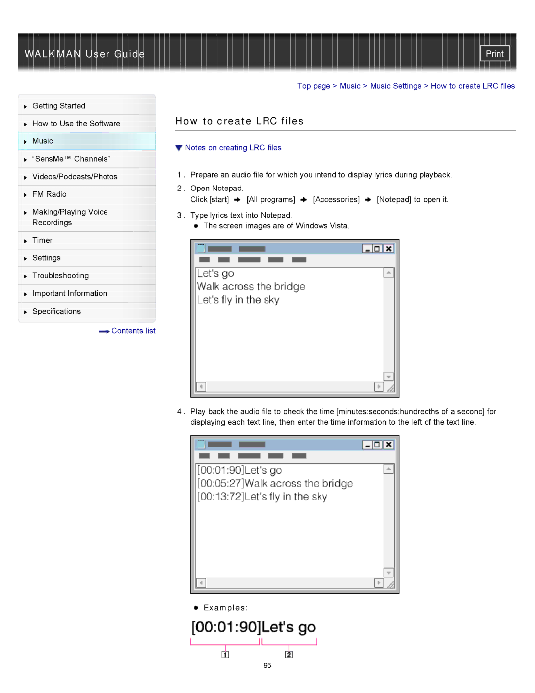 Sony NWZ-E454, NWZ-E455, NWZ-E453 specifications How to create LRC files, Examples 