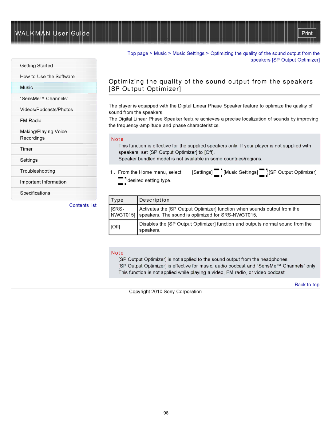 Sony NWZ-E454, NWZ-E455, NWZ-E453 Optimizing the quality of the sound output from the speakers, SP Output Optimizer 