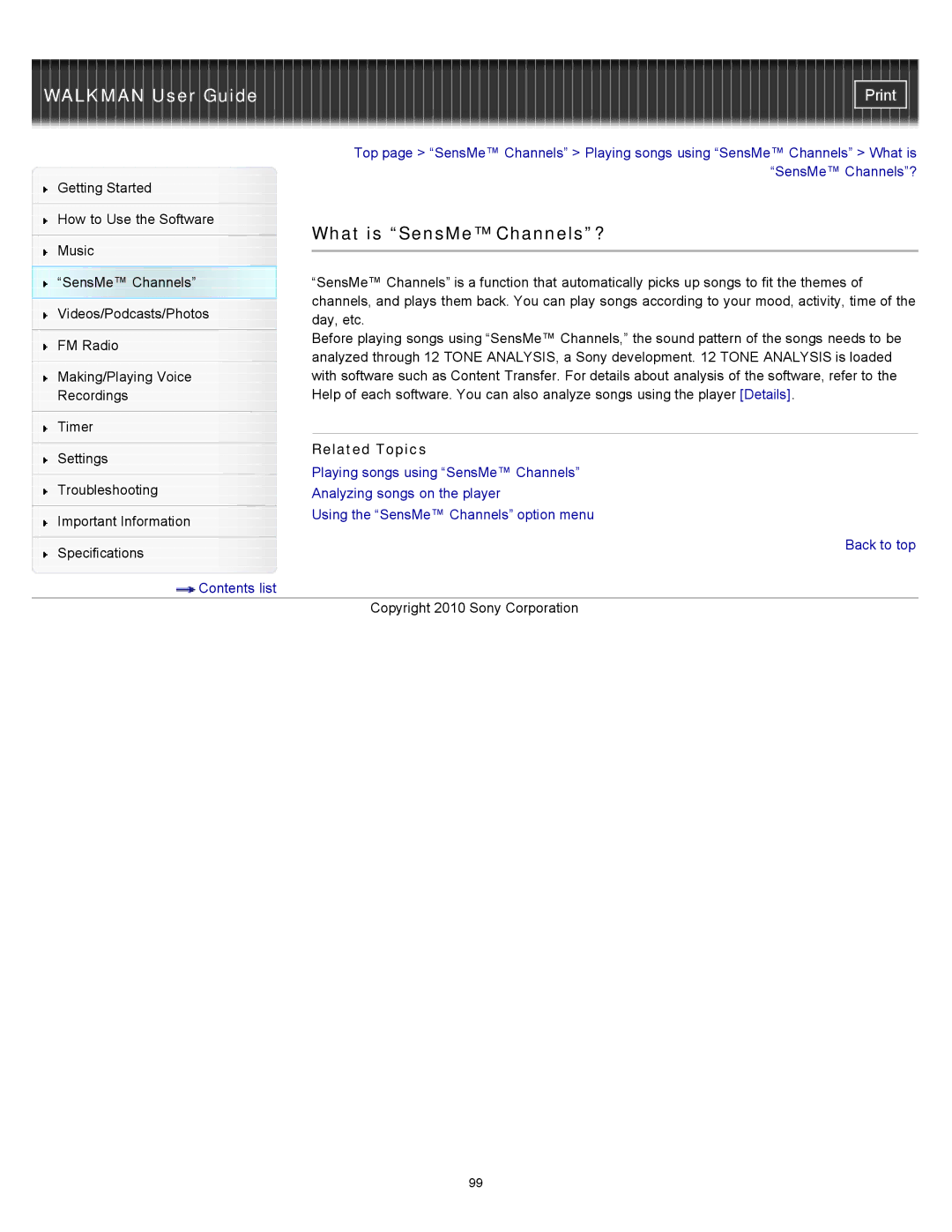 Sony NWZ-E455, NWZ-E453, NWZ-E454 specifications What is SensMe Channels?, Related Topics 