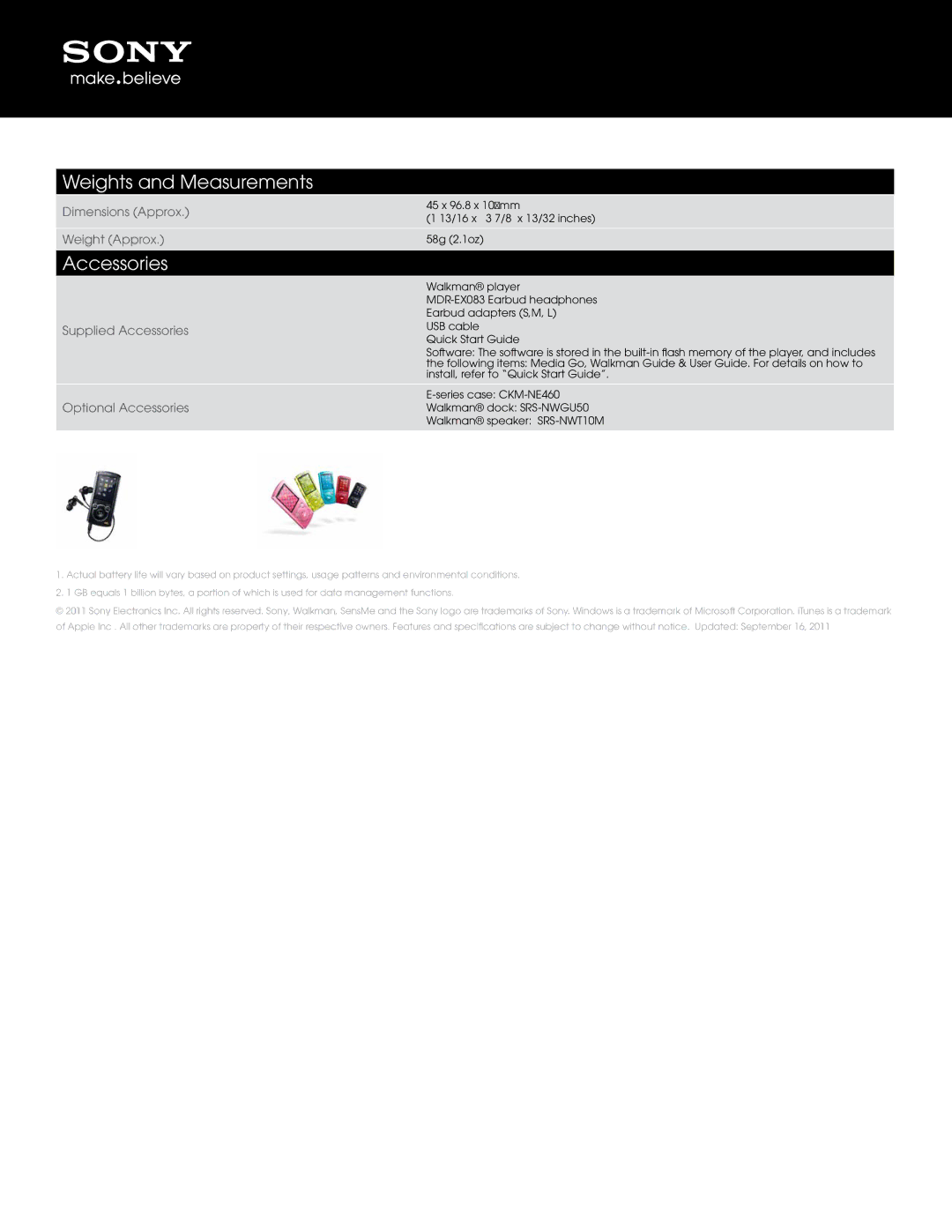 Sony NWZ-E465BLK manual Weights and Measurements, Accessories 