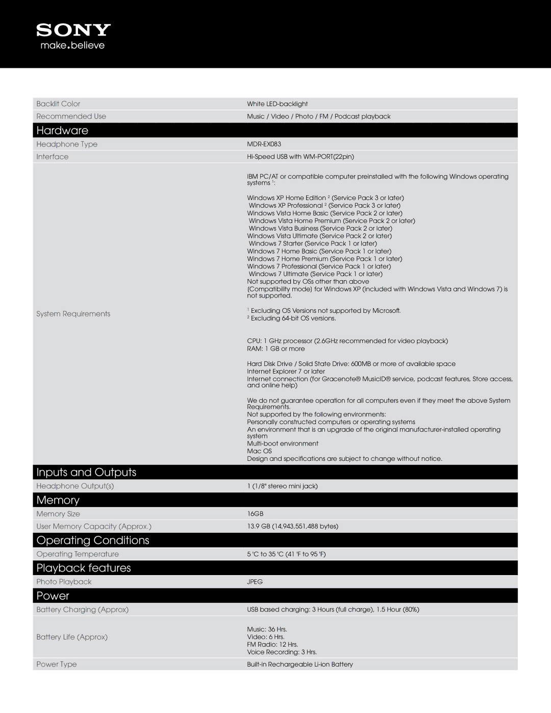 Sony NWZ-E475BLK manual Hardware, Inputs and Outputs, Memory, Operating Conditions, Playback features, Power 