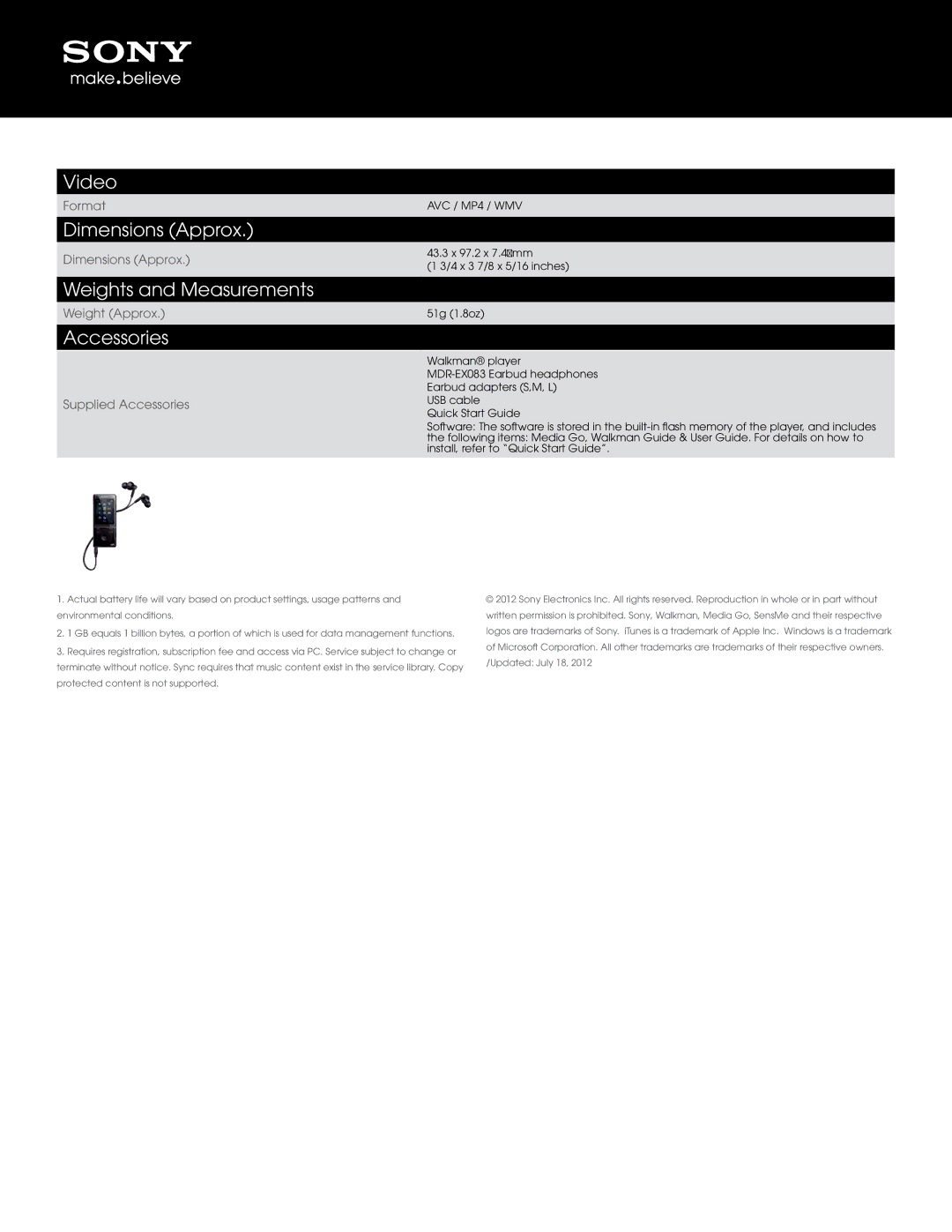 Sony NWZ-E475BLK manual Video, Dimensions Approx, Weights and Measurements, Accessories 