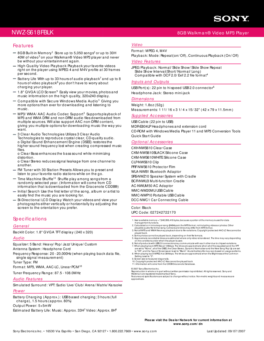 Sony NWZ-S618FBLK manual Features, Specifications 