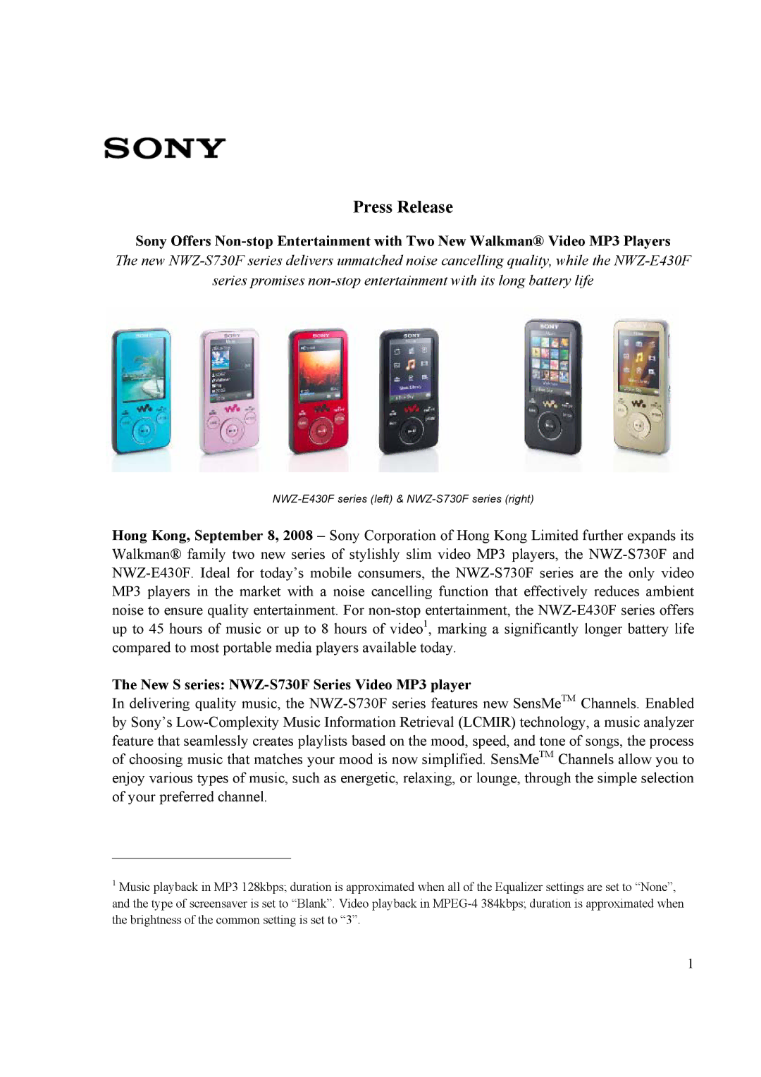 Sony manual Press Release, New S series NWZ-S730F Series Video MP3 player 