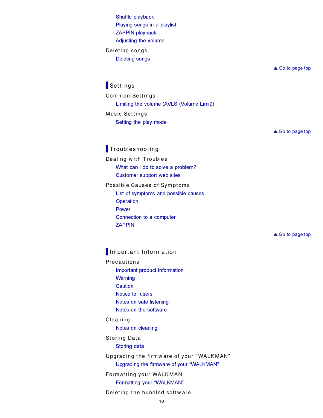 Sony NWZW263BLK, NWZ-W263, NWZ-W262, NWZW262MEB, NWZW262WHI, NWZW262BLK specifications Deleting songs, Cleaning Storing Data 