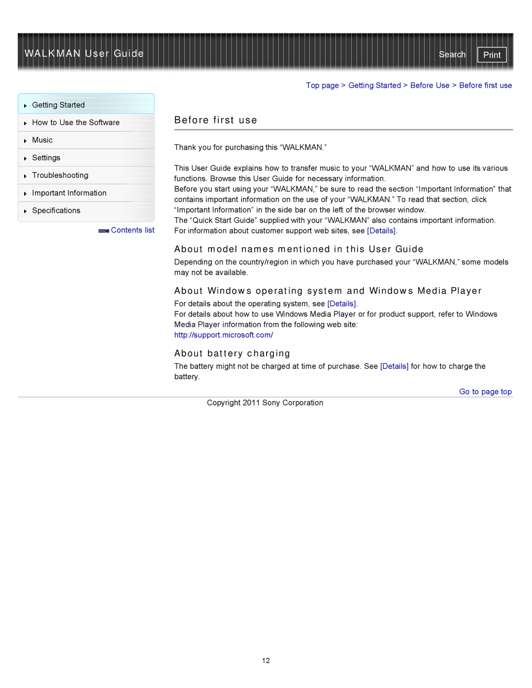 Sony NWZ-W263, NWZ-W262 Before first use, About model names mentioned in this User Guide, About battery charging 